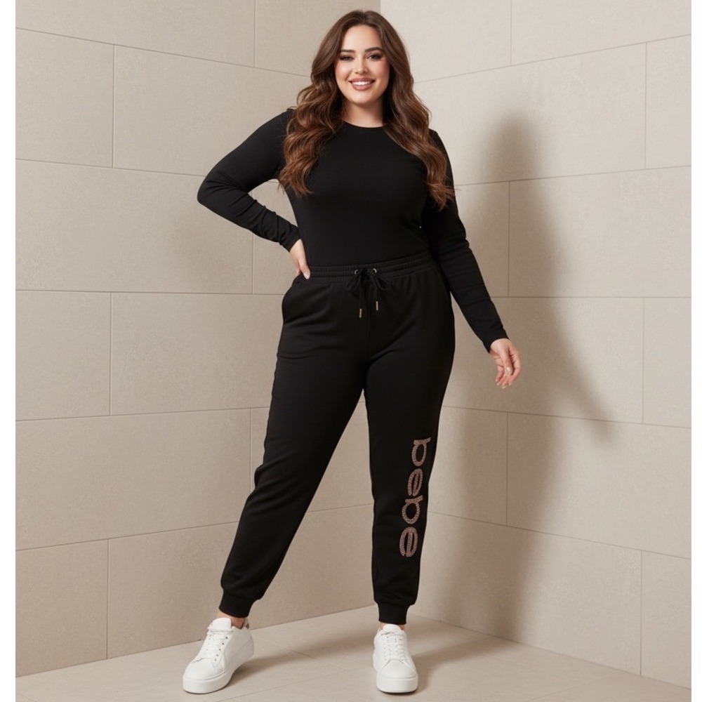 Bebe Sport Jogger Pants Women's 3X Black New Rhinestone Logo Sweatpants Y2K